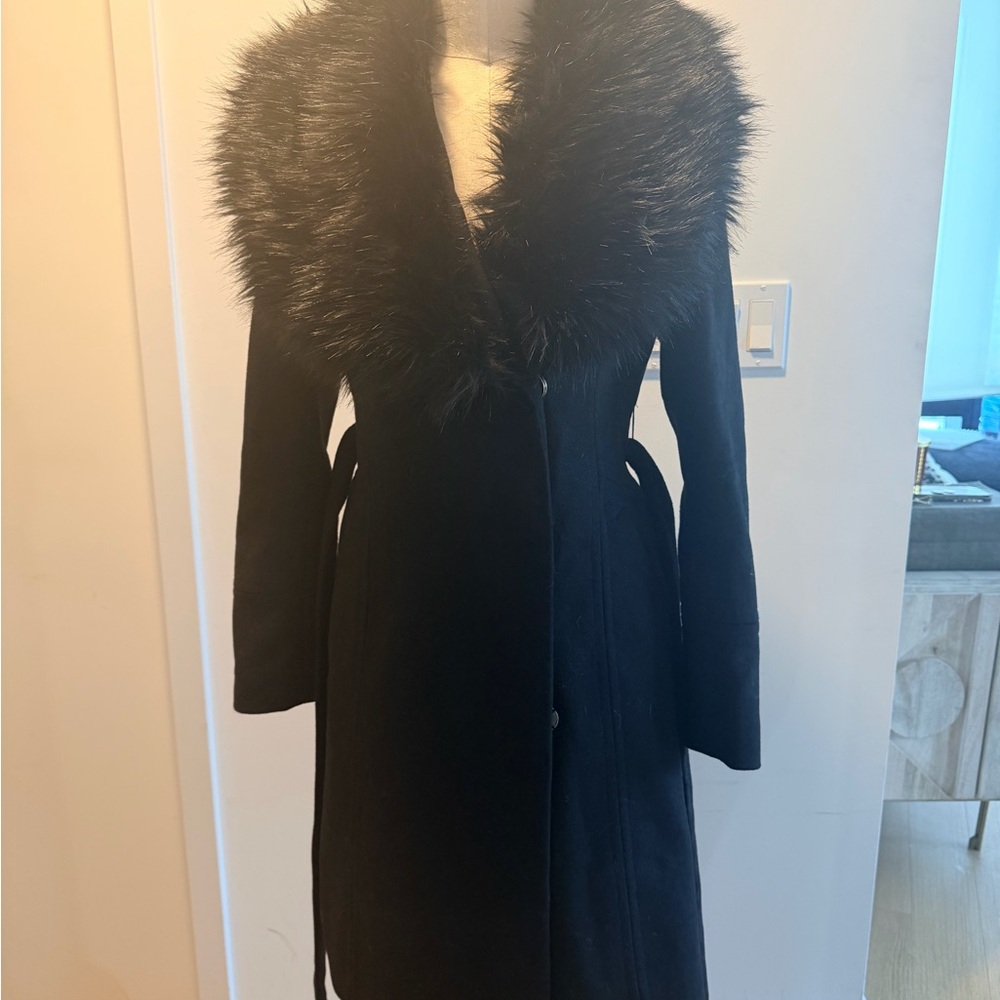 Karl Lagerfeld Black Trench Coat with Fur Collar